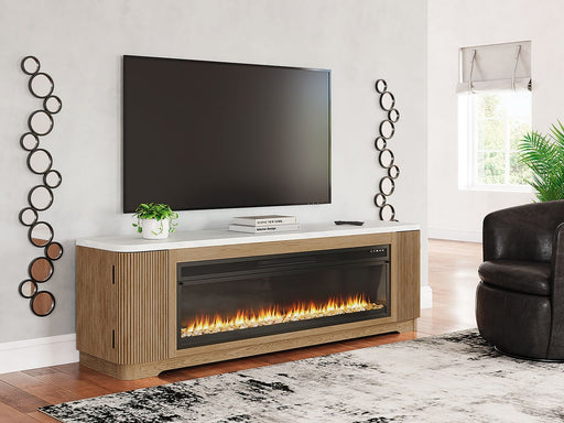 Camdill - 80" TV Stand With Electric Fireplace - Light Brown - R&R Furniture Gallery (Fountain Valley, CA)