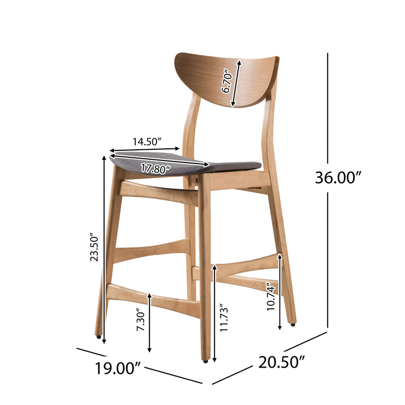 Noble House retro modern counter height stool set with cushioned seats, featuring stylish design and sturdy wooden legs.