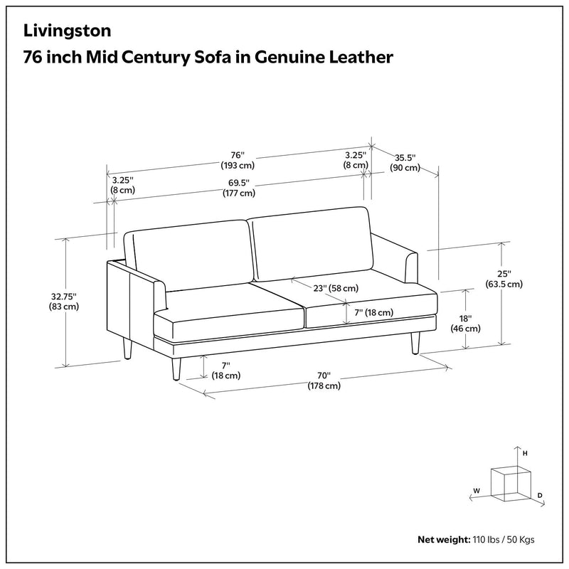 Simpli-Home Livingston upholstered stationary sofa with plush fabric and cushioned armrests, modern living room furniture.