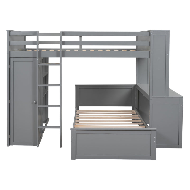 DreamHaus loft bed with twin size standalone bed, shelves, desk, and wardrobe, showcasing a multi-functional bedroom setup.