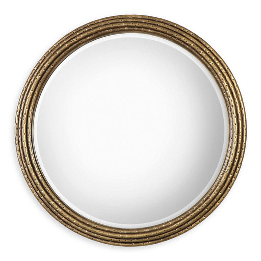 Uttermost Spera round gold wall mirror with a sleek, modern frame, perfect for contemporary home decor.