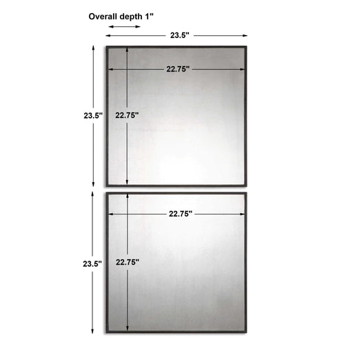Pair of black antiqued square wall mirrors from Uttermost, featuring modern geometric design for stylish home decor.