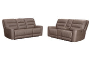 Parker Living Lawson power reclining 3-piece sofa set with plush cushions and dark leather upholstery in a stylish living room setting.
