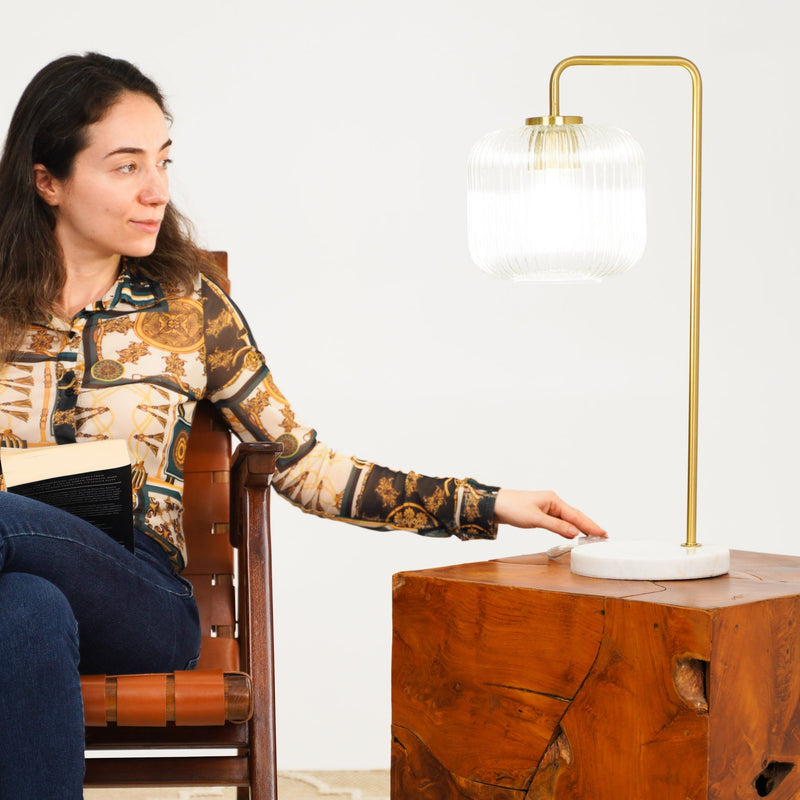 Haven - Clear Table Lamp, Button Control - Gold / White / White Marble - R&R Furniture Gallery (Fountain Valley, CA)
