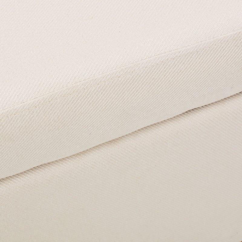 Beige upholstered storage ottoman with nailhead trim from Noble House, showing soft fabric and sturdy wooden legs.