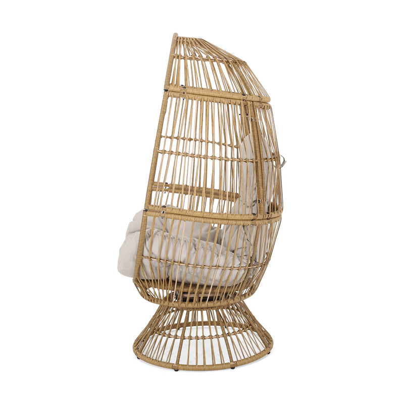 Noble House patio swivel basket egg chair with cushion, accent outdoor seating with woven wicker design and plush cushion for comfort.