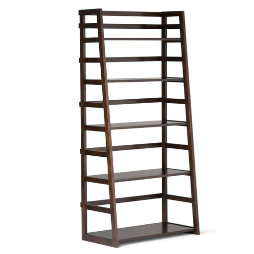 Simpli-Home Acadian handcrafted ladder shelf bookcase with multiple open storage tiers and a natural wood finish.