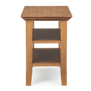 Handcrafted Acadian narrow side table by Simpli-Home with wooden finish and sleek design, perfect for small space accent.
