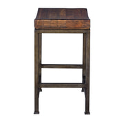 Industrial Beck counter height bar stool by Uttermost with metal frame and wooden seat, 24-27 inches tall.