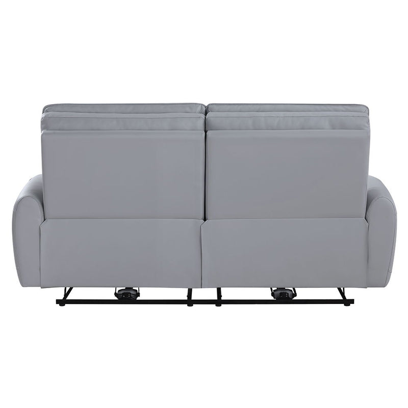 Gray ACME Jeromie Power Motion Reclining Sofa with built-in USB port, featuring plush synthetic leather upholstery and modern design.