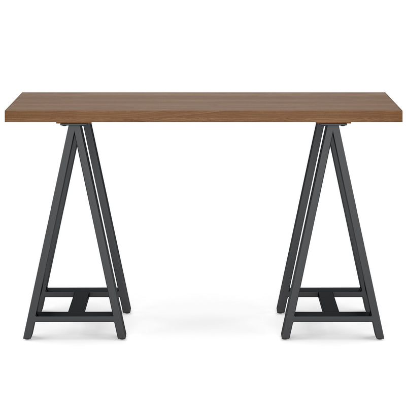 Handcrafted solid wood sawhorse-style coffee table by Simpli-Home, featuring a sturdy, rustic design perfect for living rooms.