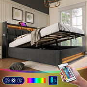 Artistry At Home upholstered platform storage bed with hydraulic lift, LED lights, and USB charging ports, without mattress.