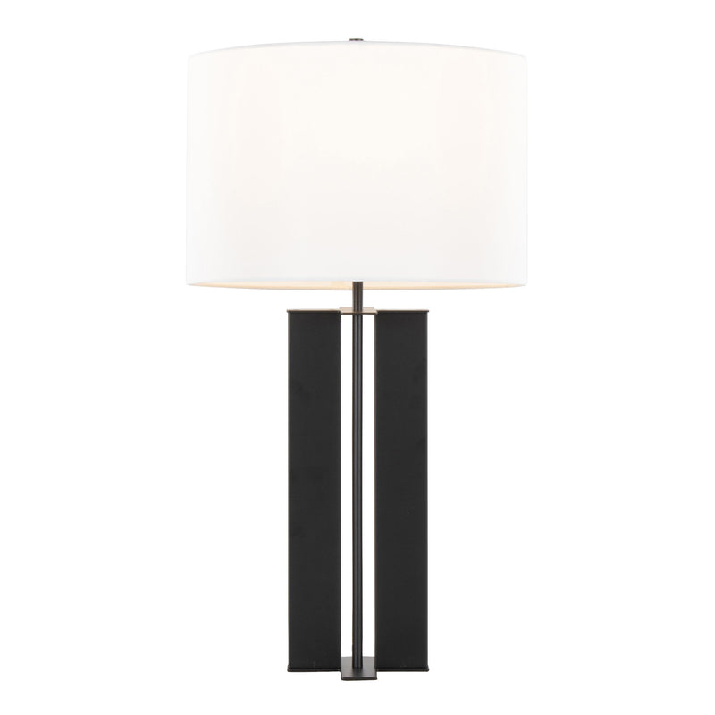Lumi Source Cosmo contemporary table lamp with sleek design, cylindrical base, and fabric shade on a wooden surface.