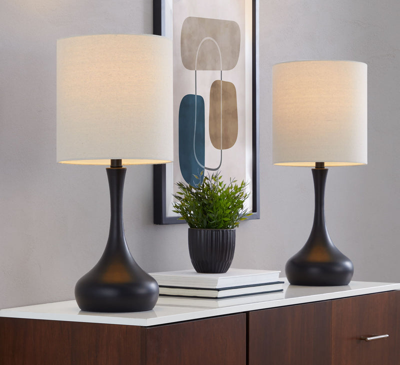 Lumi Source Genie contemporary table lamp set with matte black bases and oatmeal fabric shades, modern home lighting decor