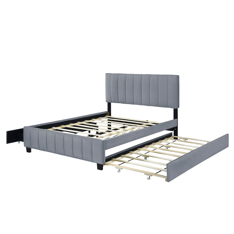 DreamHaus platform upholstered storage bed with two drawers and twin long trundle, featuring a modern design and soft fabric upholstery.
