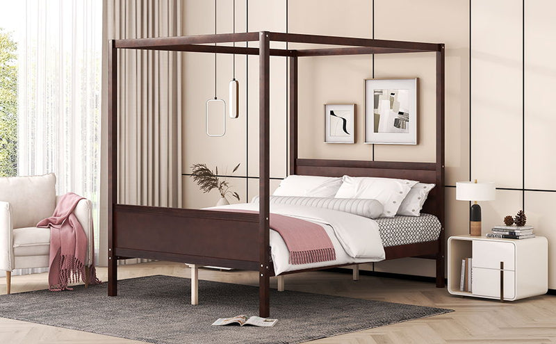 DreamHaus canopy platform bed with headboard, footboard, and slat support legs, showcasing a sturdy wooden frame and elegant design.