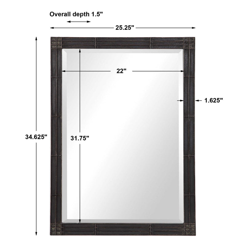Uttermost Gower vanity mirror in aged black finish, round shape with a stylish frame, suitable for bedroom or bathroom decor.