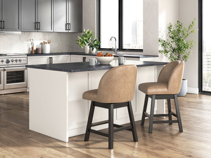 Neymorton - Upholstered Swivel Faux Leather Barstool (Set of 2) - Dark Grayish Brown - R&R Furniture Gallery (Fountain Valley, CA)