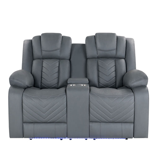 Raize - 10 Power Console Reclining Loveseat With LED - Gray - R&R Furniture Gallery (Fountain Valley, CA)