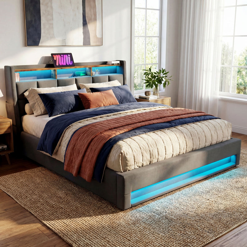 Artistry At Home upholstered platform bed with hydraulic storage, LED lights, and USB charging ports, shown without mattress.