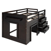 DreamHaus loft bed with built-in cabinet and shelf, featuring a sturdy wooden frame and space-saving design for bedroom storage.
