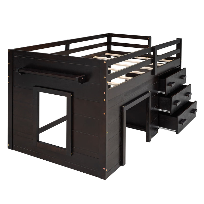 DreamHaus loft bed with built-in cabinet and shelf, featuring a sturdy wooden frame and space-saving design for bedroom storage.