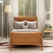 DreamHaus platform bed frame with wood slat support, sleigh style headboard and footboard for a sturdy, stylish bedroom centerpiece.
