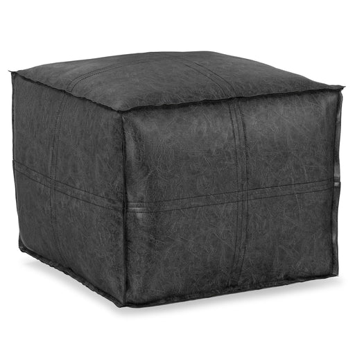 Simpli-Home Brody square accent pouf in neutral fabric, versatile furniture piece for living room or lounge area.