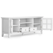 Simpli-Home Acadian TV media stand with open shelves and storage compartments for modern living room organization.