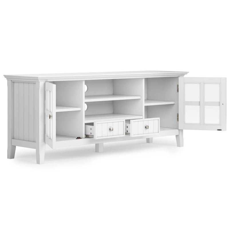 Simpli-Home Acadian TV media stand with open shelves and storage compartments for modern living room organization.