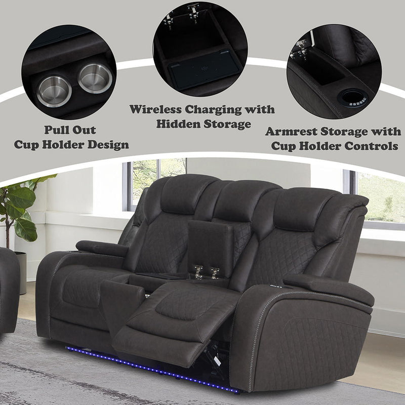 Wendell - Power Motion Loveseat With Console, Wireless Charger, Storage, USB & LED - Dark Gray - R&R Furniture Gallery (Fountain Valley, CA)