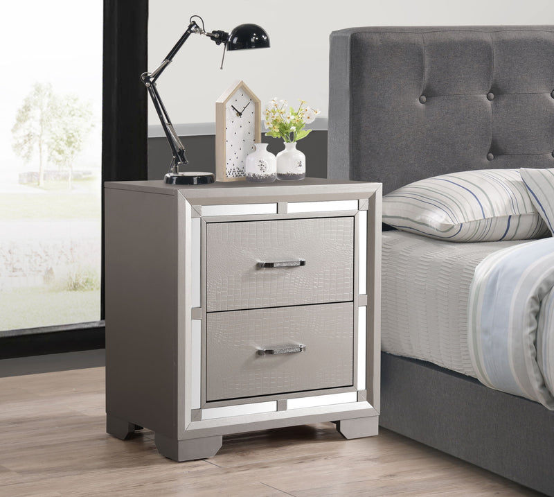 Elegant silver champagne accent nightstand by Glory Furniture with sleek design and modern hardware.