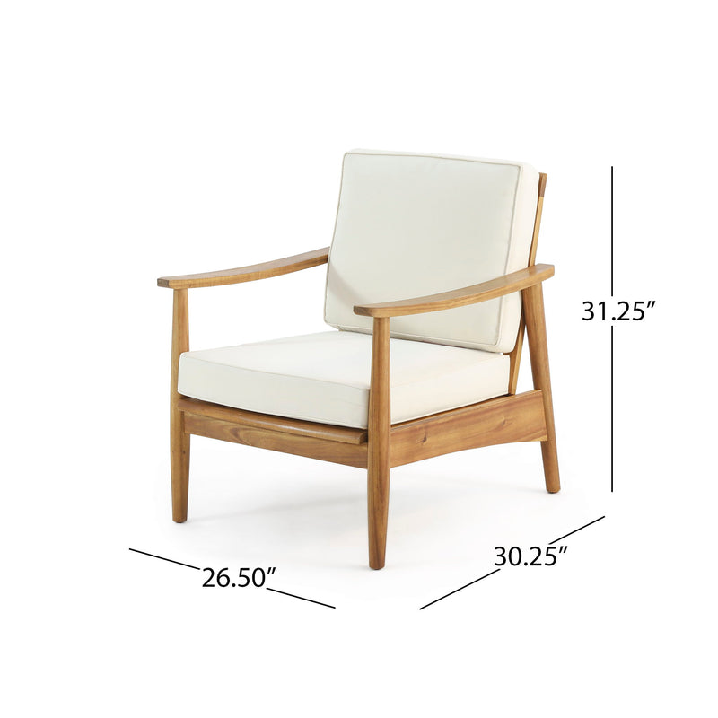 Noble House Emmry outdoor acacia wood club arm chair with plush cushions, ideal for patio or garden seating.
