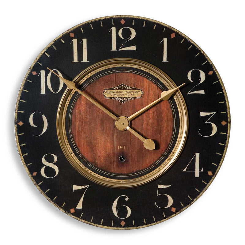 Uttermost Alexandre Martinot 23-inch black wall clock with modern design and bold numerals, suitable for contemporary home decor.