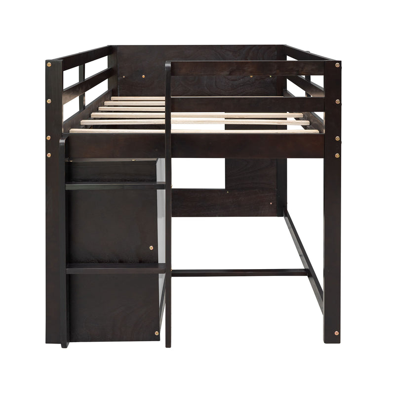 DreamHaus loft bed with integrated cabinet and shelf, showcasing a modern design for efficient space utilization in a bedroom.