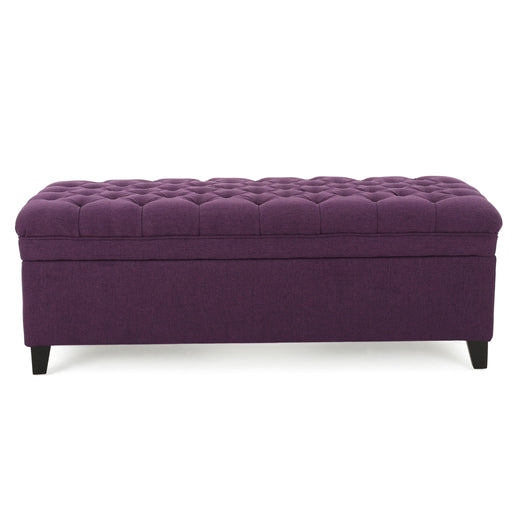 Noble House Juliana storage ottoman with beige fabric top and birch wood legs, versatile furniture for living room storage.