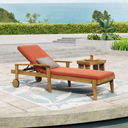 Noble House Jason chaise lounge with adjustable acacia wood frame for outdoor furniture, featuring a sleek and modern design.