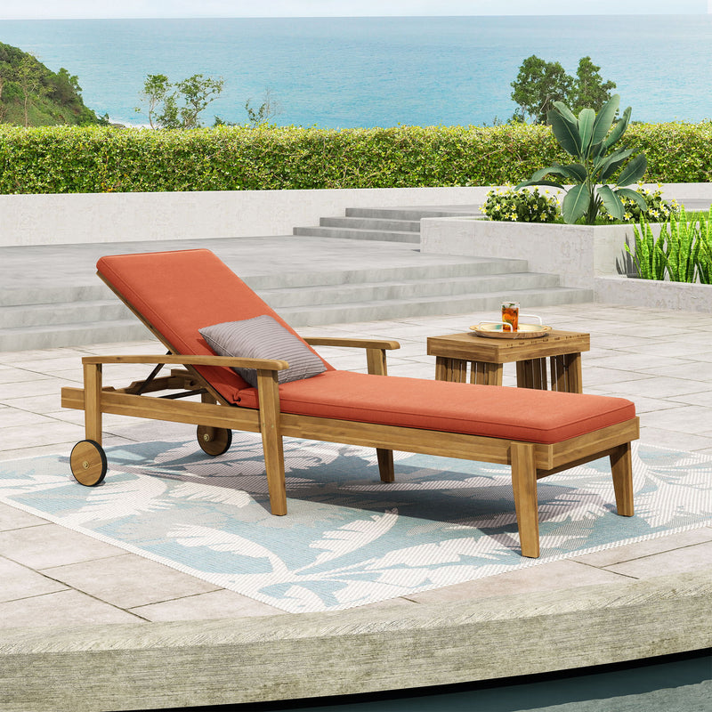 Noble House Jason chaise lounge with adjustable acacia wood frame for outdoor furniture, featuring a sleek and modern design.