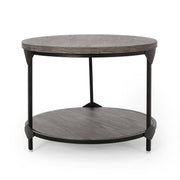 Noble House gray coffee table with a wood-patterned tabletop and black iron frame, modern living room furniture piece.