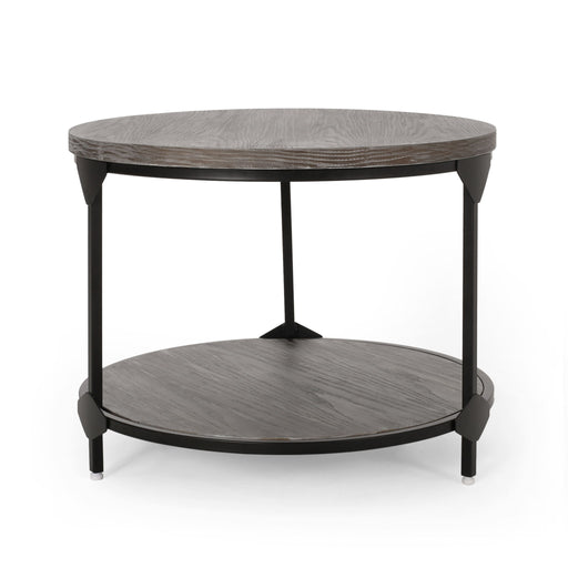 Noble House gray coffee table with a wood-patterned tabletop and black iron frame, modern living room furniture piece.