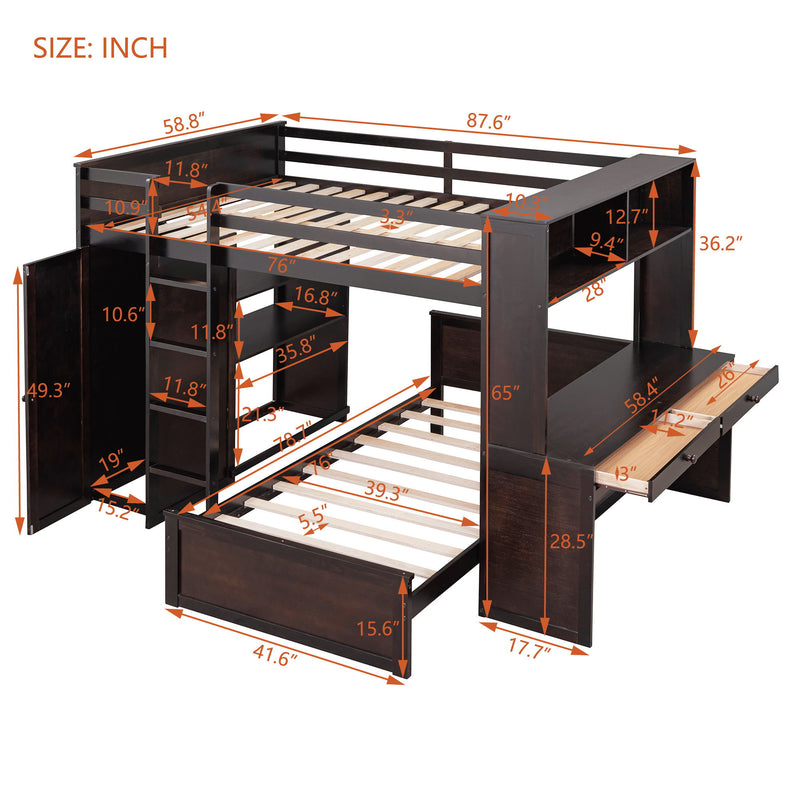 DreamHaus loft bed with twin standalone bed, shelves, desk, and wardrobe, showcasing a modern multi-functional bedroom setup.