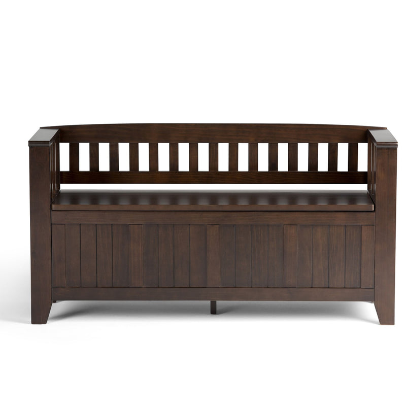 Handcrafted Acadian entryway storage bench by Simpli-Home, featuring wooden construction and a cushioned top for seating.
