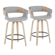 Set of two Lumi Source Elisa farmhouse counter stools with white washed and gray finish, featuring wooden legs and cushioned seats.