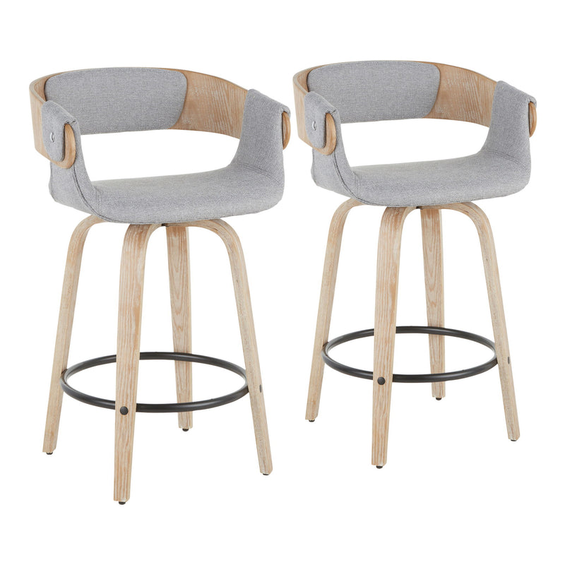Set of two Lumi Source Elisa farmhouse counter stools with white washed and gray finish, featuring wooden legs and cushioned seats.