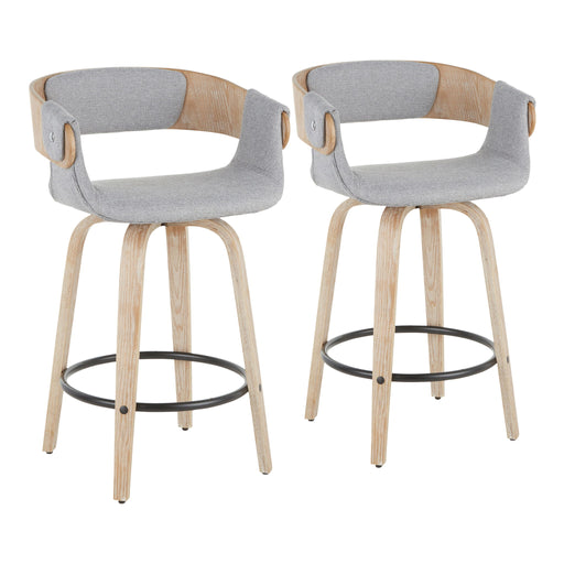 Set of two Lumi Source Elisa farmhouse counter stools with white washed and gray finish, featuring wooden legs and cushioned seats.