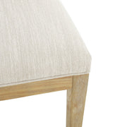 Noble House farmhouse style fabric upholstered side dining chairs set with cushioned seats and wooden legs.
