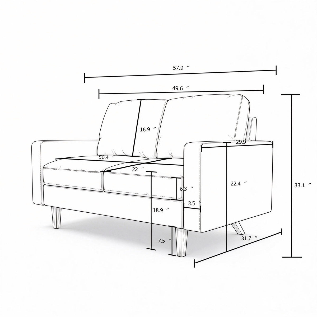 US Pride loveseat sofa with two seats, stationary design and removable cushions, ideal for living room comfort.