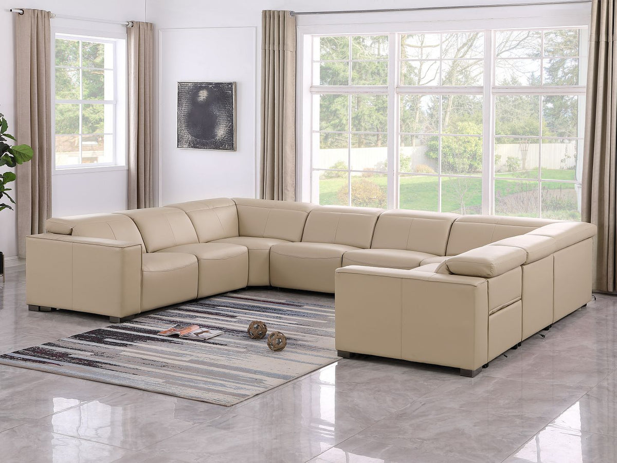 1208 - 8 Piece U Shaped Leather Sectional With 4 Power Recliners And Power Headrests - Beige - R&R Furniture Gallery (Fountain Valley, CA)