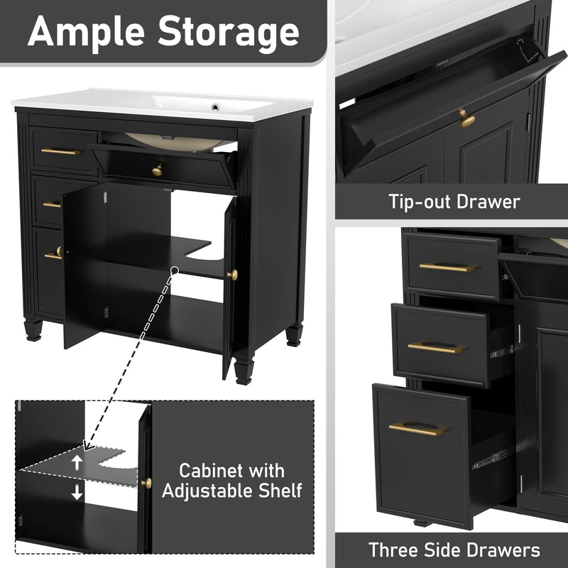 Bathroom Vanity With Sink, 1 Tip Out Drawer, 3 Side Drawers, Adjustable Shelf