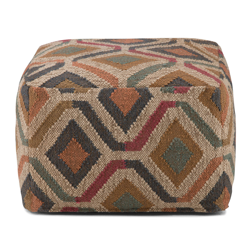 Simpli-Home Johanna handcrafted square accent pouf with beige fabric and plush cushion for versatile seating or decor.